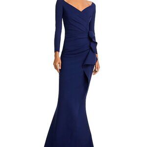 Chiara Boni La Petite Robe “Silveria” Side‑Ruffle Gown – Navy